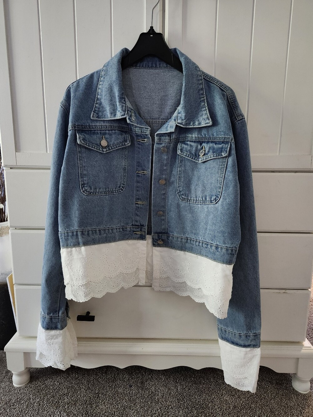 Denim Jacket with White Lace Trim - Blue Sz XXL